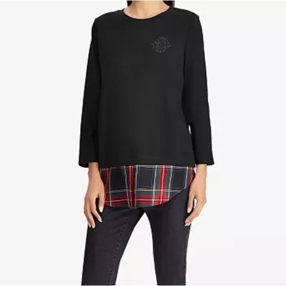Ralph Lauren Pullover Monogrammed Top w/ Plaid Accent